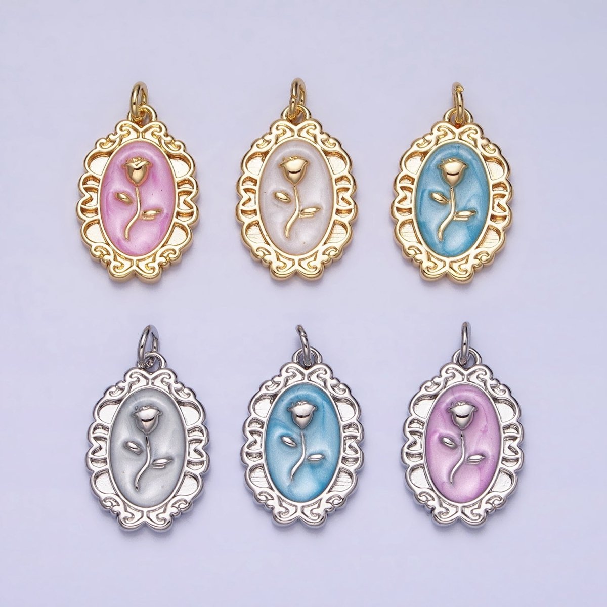 White, Blue, Pink Sparkly Enamel Rose Flower Oval Charm in Gold &amp; Silver | AC649 - AC654