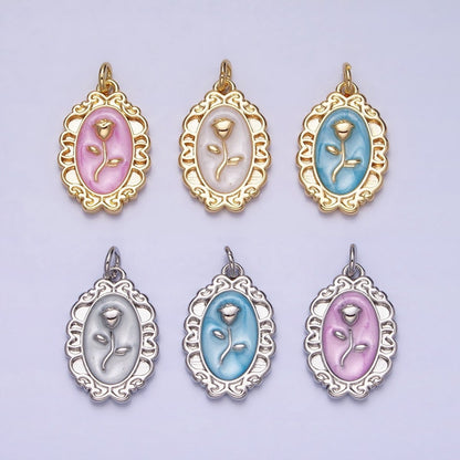 White, Blue, Pink Sparkly Enamel Rose Flower Oval Charm in Gold &amp; Silver | AC649 - AC654