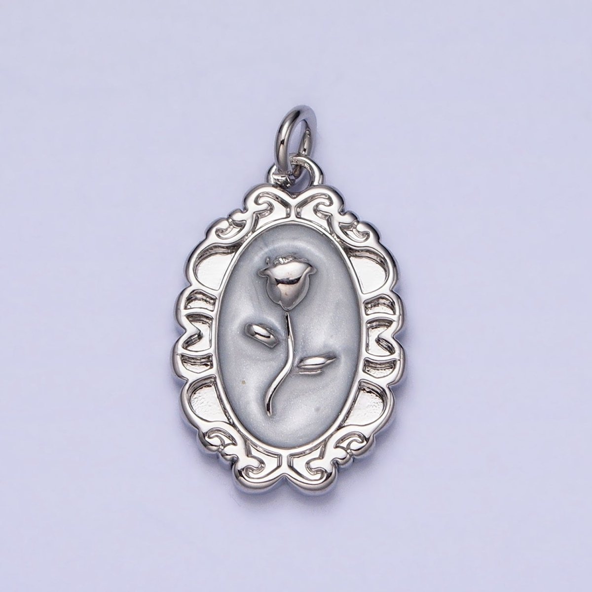White, Blue, Pink Sparkly Enamel Rose Flower Oval Charm in Gold &amp; Silver | AC649 - AC654