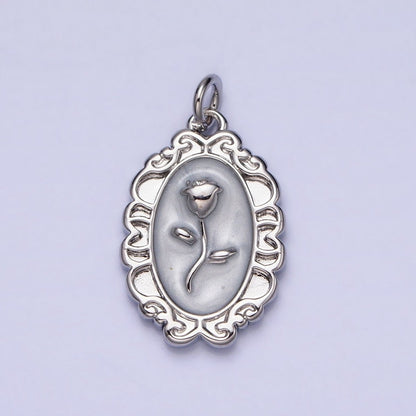 White, Blue, Pink Sparkly Enamel Rose Flower Oval Charm in Gold &amp; Silver | AC649 - AC654