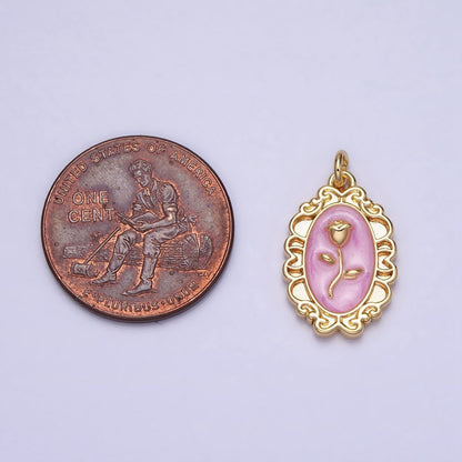 White, Blue, Pink Sparkly Enamel Rose Flower Oval Charm in Gold &amp; Silver | AC649 - AC654