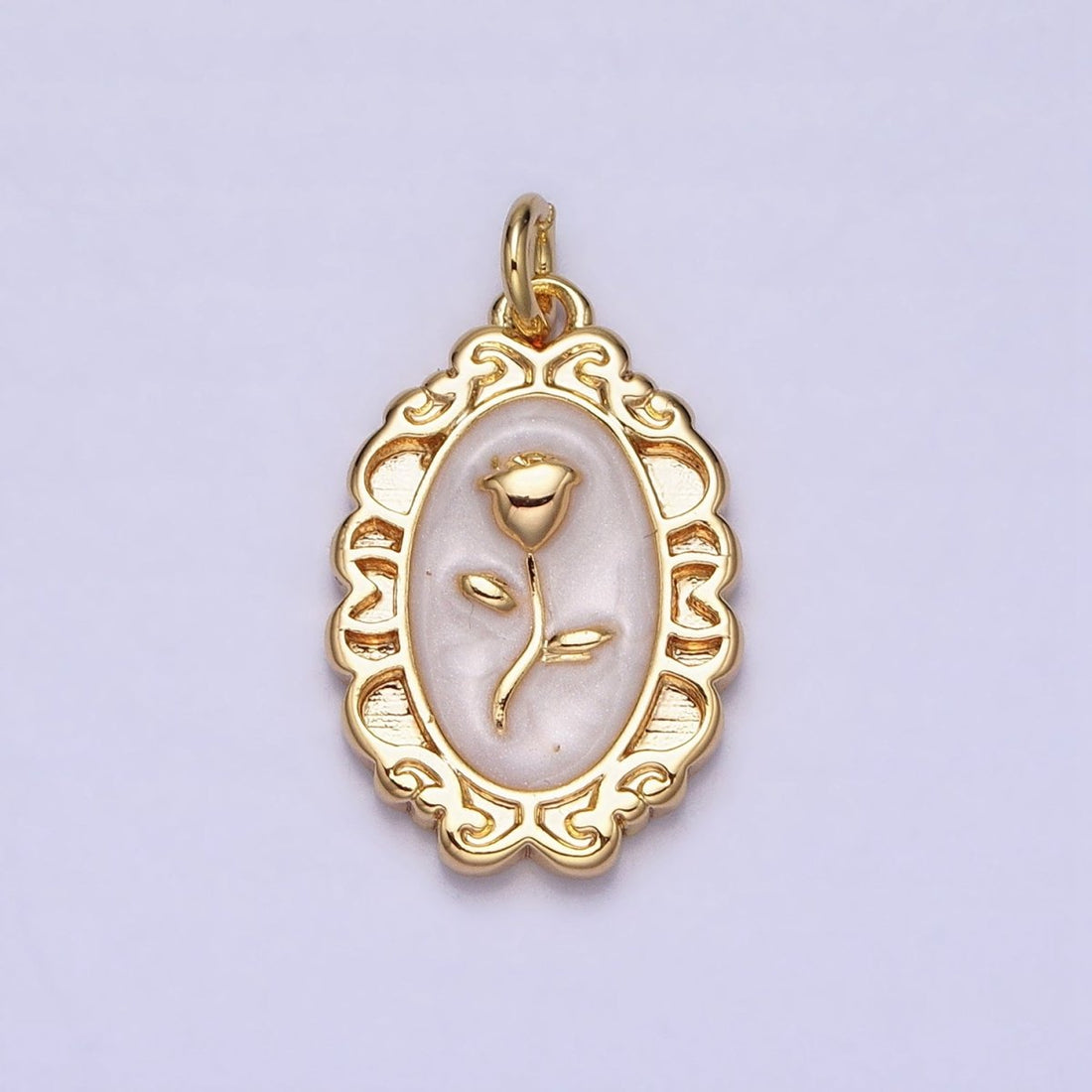 White, Blue, Pink Sparkly Enamel Rose Flower Oval Charm in Gold &amp; Silver | AC649 - AC654
