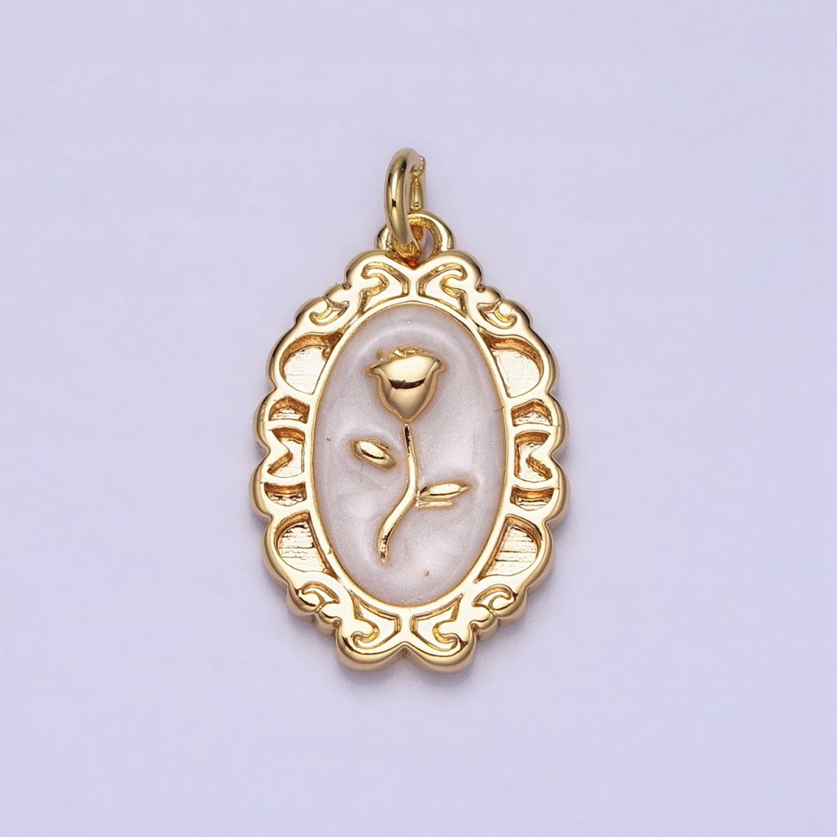 White, Blue, Pink Sparkly Enamel Rose Flower Oval Charm in Gold &amp; Silver | AC649 - AC654