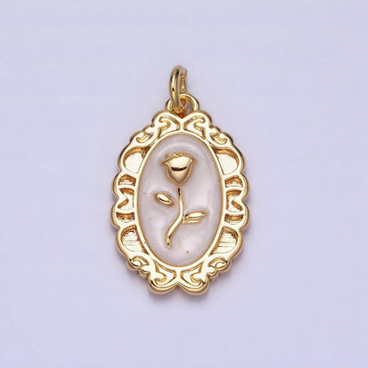 White, Blue, Pink Sparkly Enamel Rose Flower Oval Charm in Gold &amp; Silver | AC649 - AC654