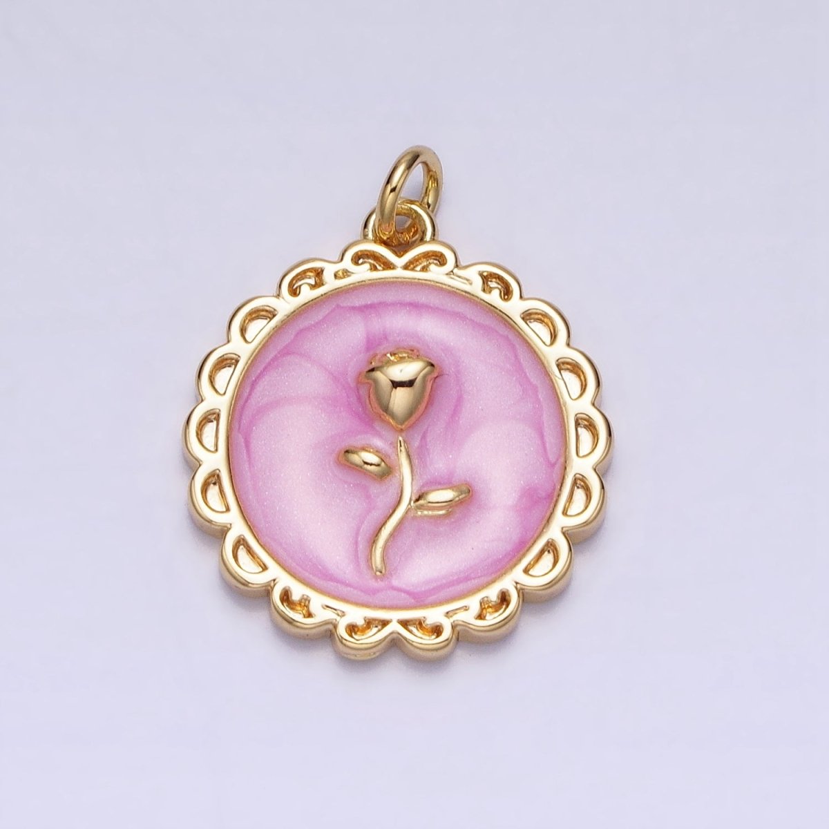 White, Blue, Pink Sparkly Enamel Rose Flower Round Charm in Gold &amp; Silver | AC643 - AC648
