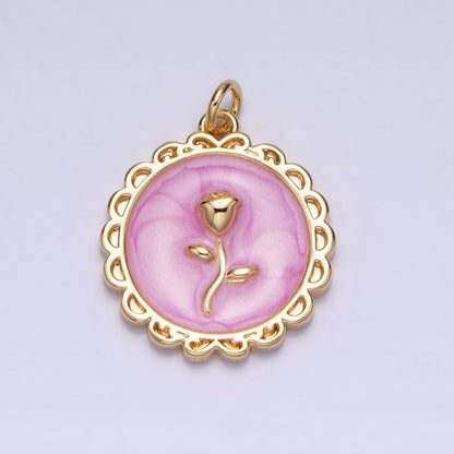 White, Blue, Pink Sparkly Enamel Rose Flower Round Charm in Gold &amp; Silver | AC643 - AC648