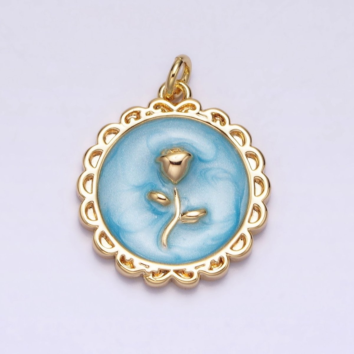 White, Blue, Pink Sparkly Enamel Rose Flower Round Charm in Gold &amp; Silver | AC643 - AC648