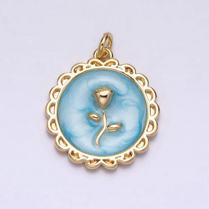 White, Blue, Pink Sparkly Enamel Rose Flower Round Charm in Gold &amp; Silver | AC643 - AC648
