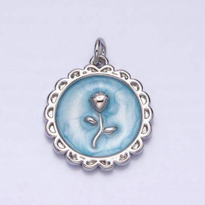White, Blue, Pink Sparkly Enamel Rose Flower Round Charm in Gold &amp; Silver | AC643 - AC648