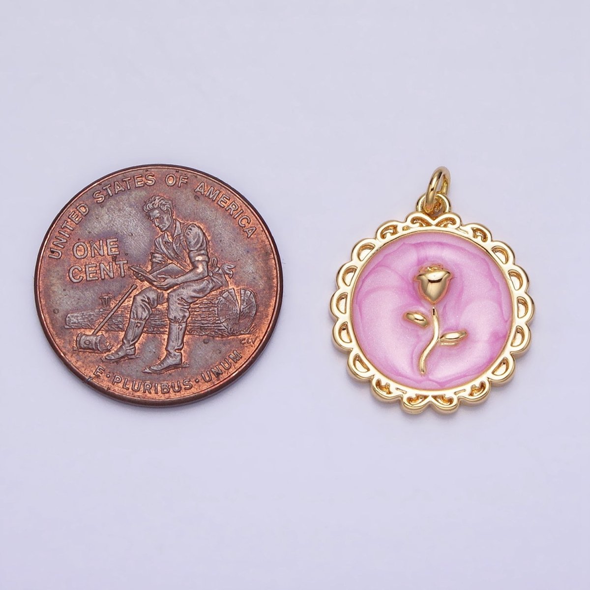 White, Blue, Pink Sparkly Enamel Rose Flower Round Charm in Gold &amp; Silver | AC643 - AC648
