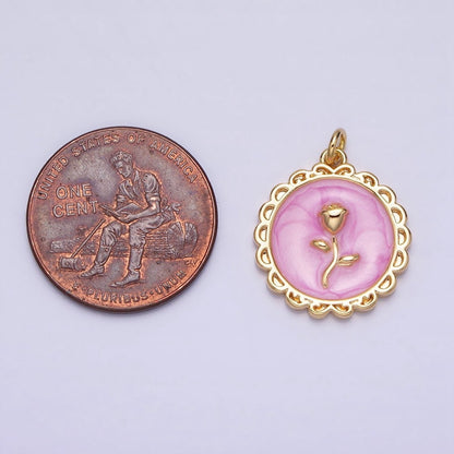 White, Blue, Pink Sparkly Enamel Rose Flower Round Charm in Gold &amp; Silver | AC643 - AC648