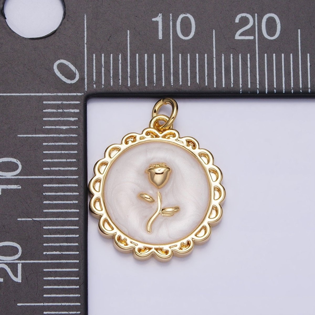 White, Blue, Pink Sparkly Enamel Rose Flower Round Charm in Gold &amp; Silver | AC643 - AC648