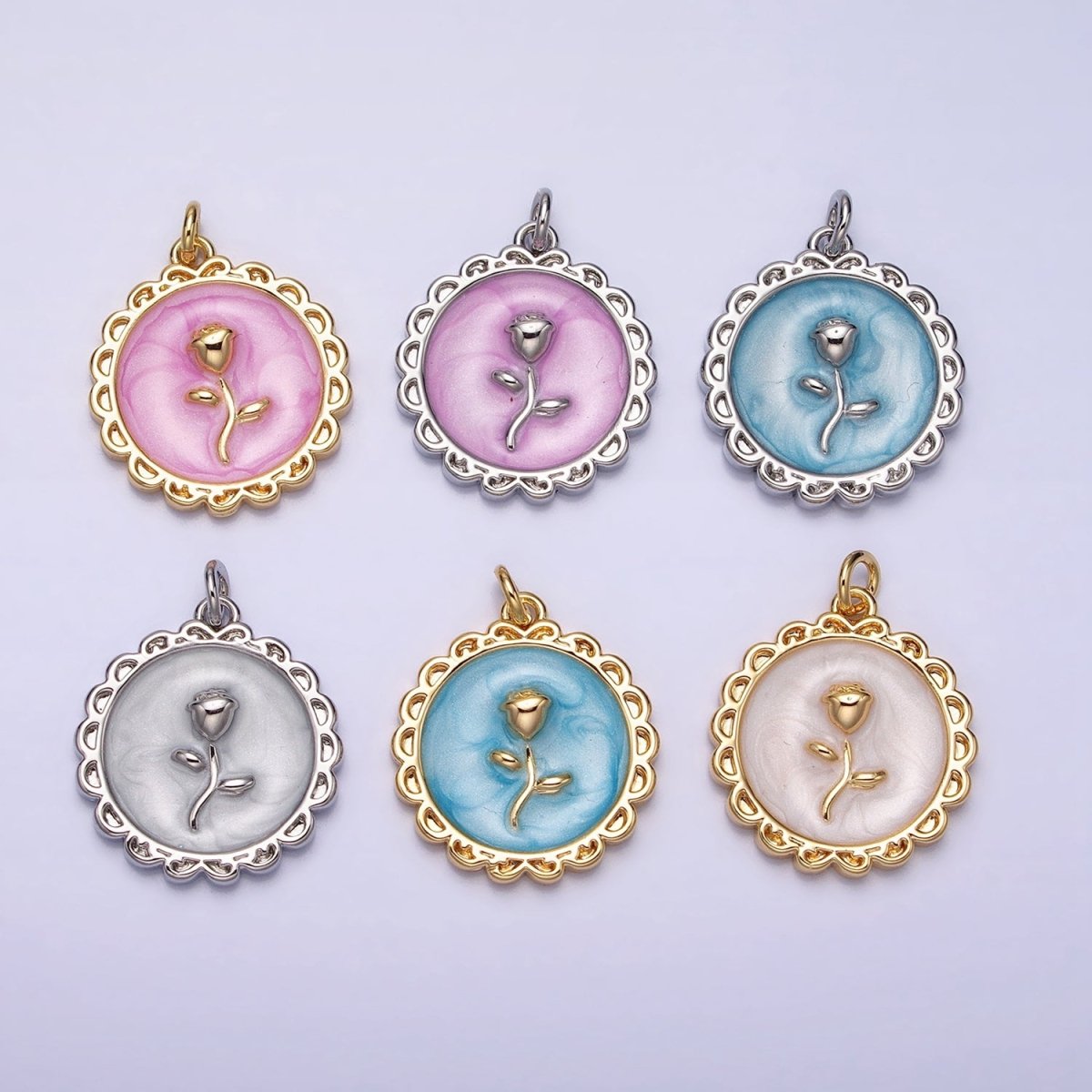 White, Blue, Pink Sparkly Enamel Rose Flower Round Charm in Gold &amp; Silver | AC643 - AC648