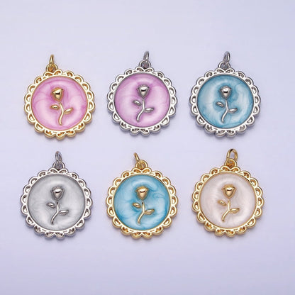 White, Blue, Pink Sparkly Enamel Rose Flower Round Charm in Gold &amp; Silver | AC643 - AC648
