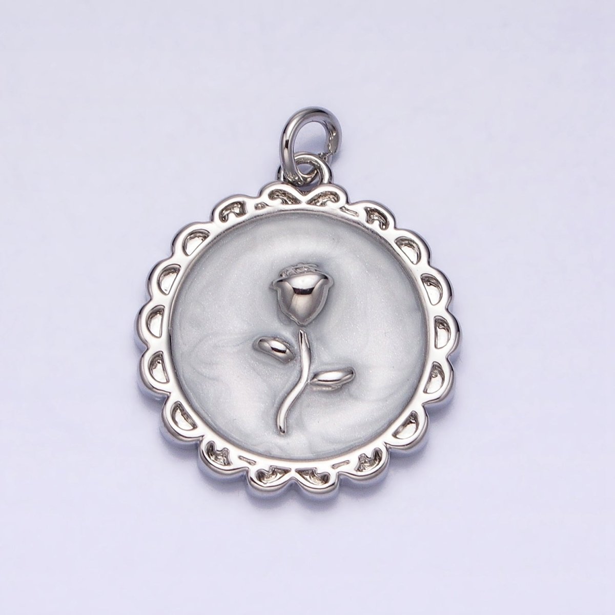 White, Blue, Pink Sparkly Enamel Rose Flower Round Charm in Gold &amp; Silver | AC643 - AC648