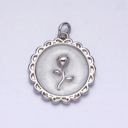 White, Blue, Pink Sparkly Enamel Rose Flower Round Charm in Gold &amp; Silver | AC643 - AC648