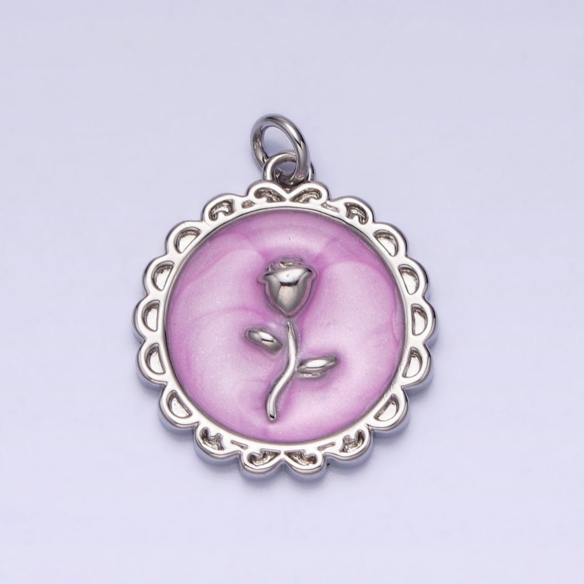 White, Blue, Pink Sparkly Enamel Rose Flower Round Charm in Gold &amp; Silver | AC643 - AC648
