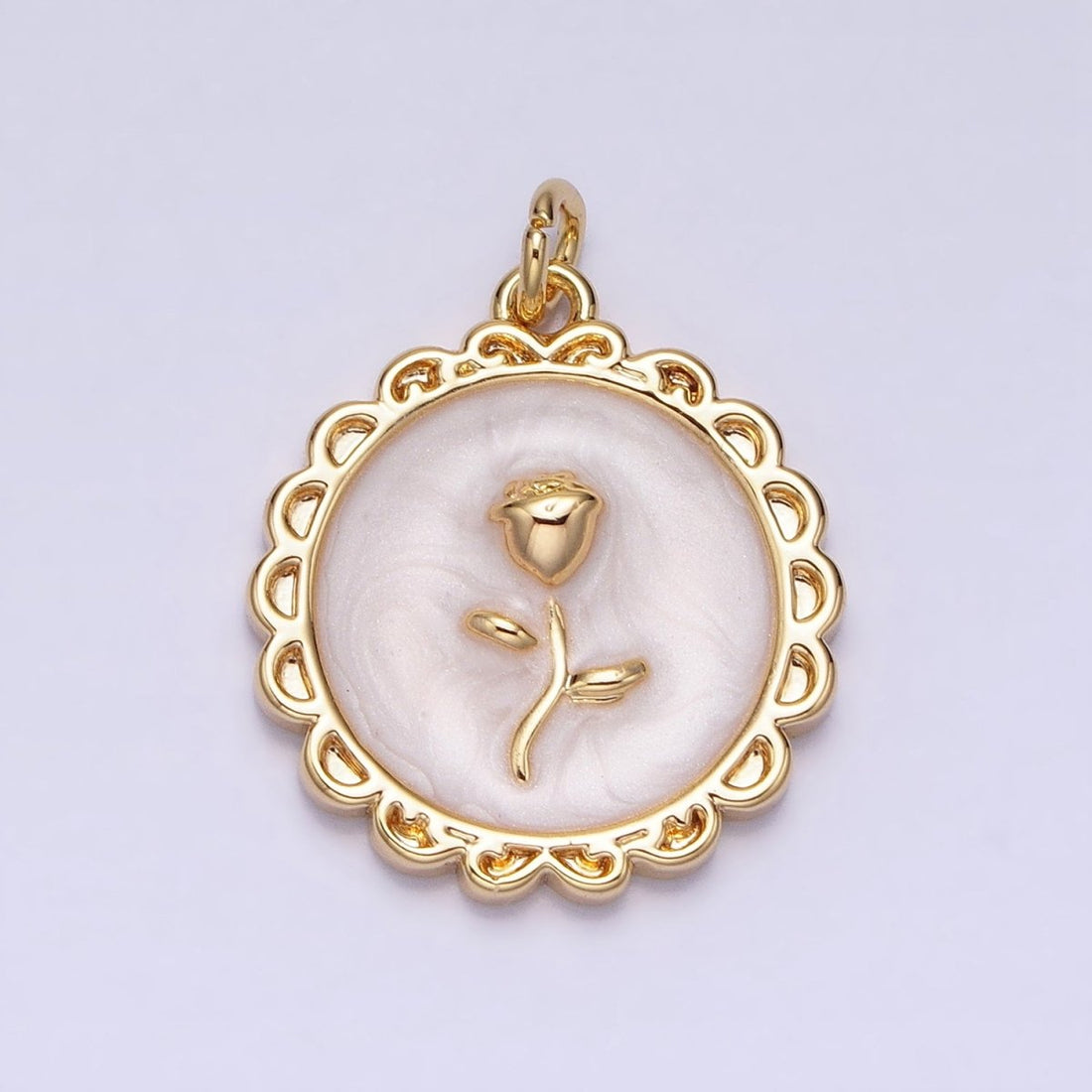 White, Blue, Pink Sparkly Enamel Rose Flower Round Charm in Gold &amp; Silver | AC643 - AC648