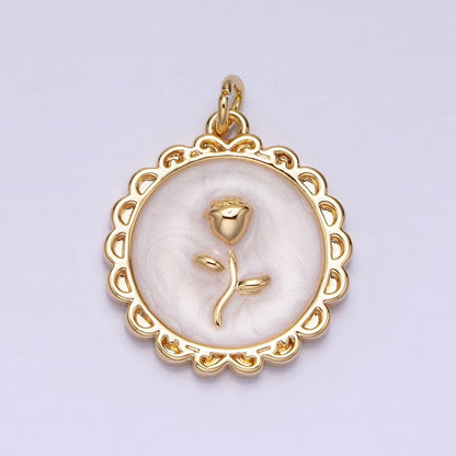 White, Blue, Pink Sparkly Enamel Rose Flower Round Charm in Gold &amp; Silver | AC643 - AC648
