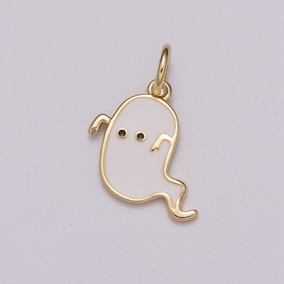 White Ghost Charm, Gold Enamel Cute Scary Haunted Halloween Pendant Jewelry Inspired M-857