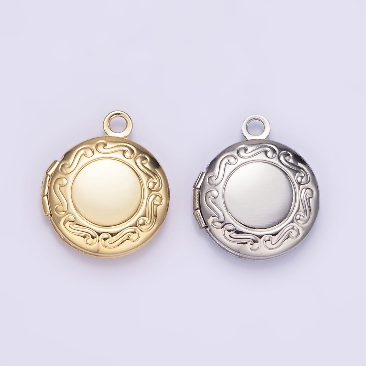 White Gold Filled 16mm Curved Engraved Round Locket Charm in Gold &amp; Silver | H357