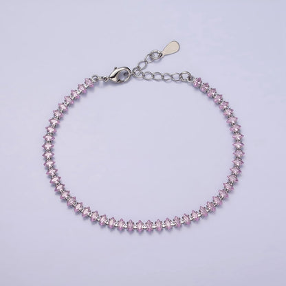 White Gold Filled 4mm Clear, Pink, Green CZ Marquise Tennis 6.5 Inch Bracelet with Extender | WA-1810 - WA-1812 Clearance Pricing