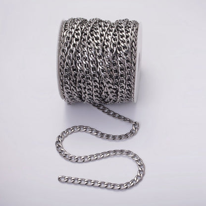 White Gold Filled 7.5mm Cuban Concave Flat Curb Unfinished Chain For Jewelry Making | ROLL-1489 Clearance Pricing