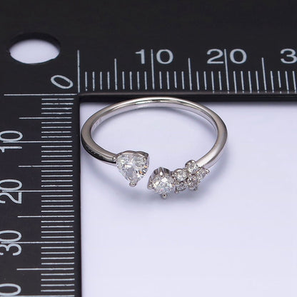 White Gold Filled Clear CZ Heart Flower Open Adjustable Ring | O-012