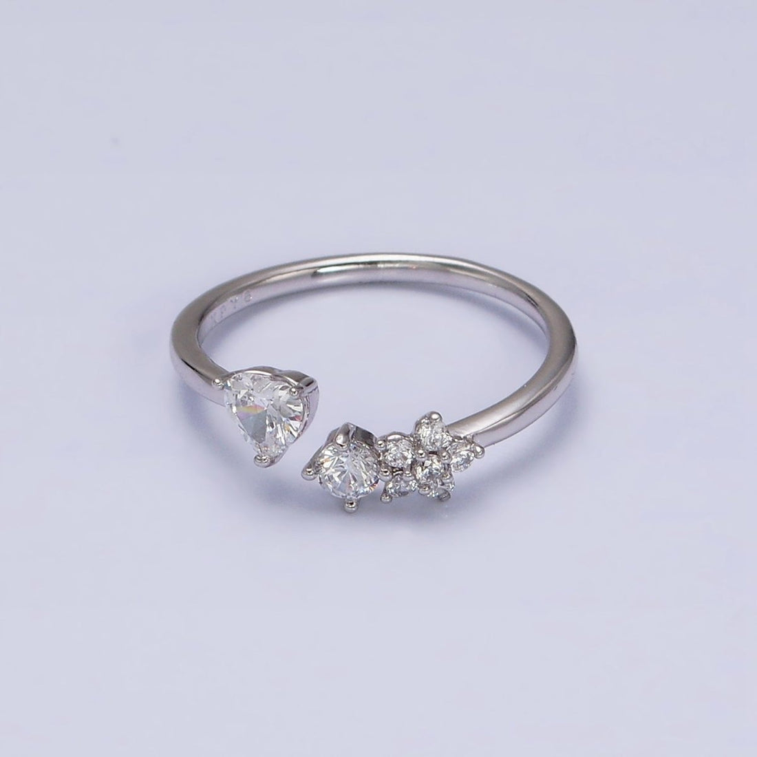 White Gold Filled Clear CZ Heart Flower Open Adjustable Ring | O-012