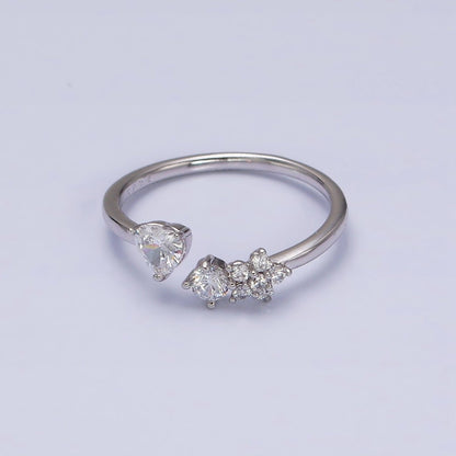 White Gold Filled Clear CZ Heart Flower Open Adjustable Ring | O-012