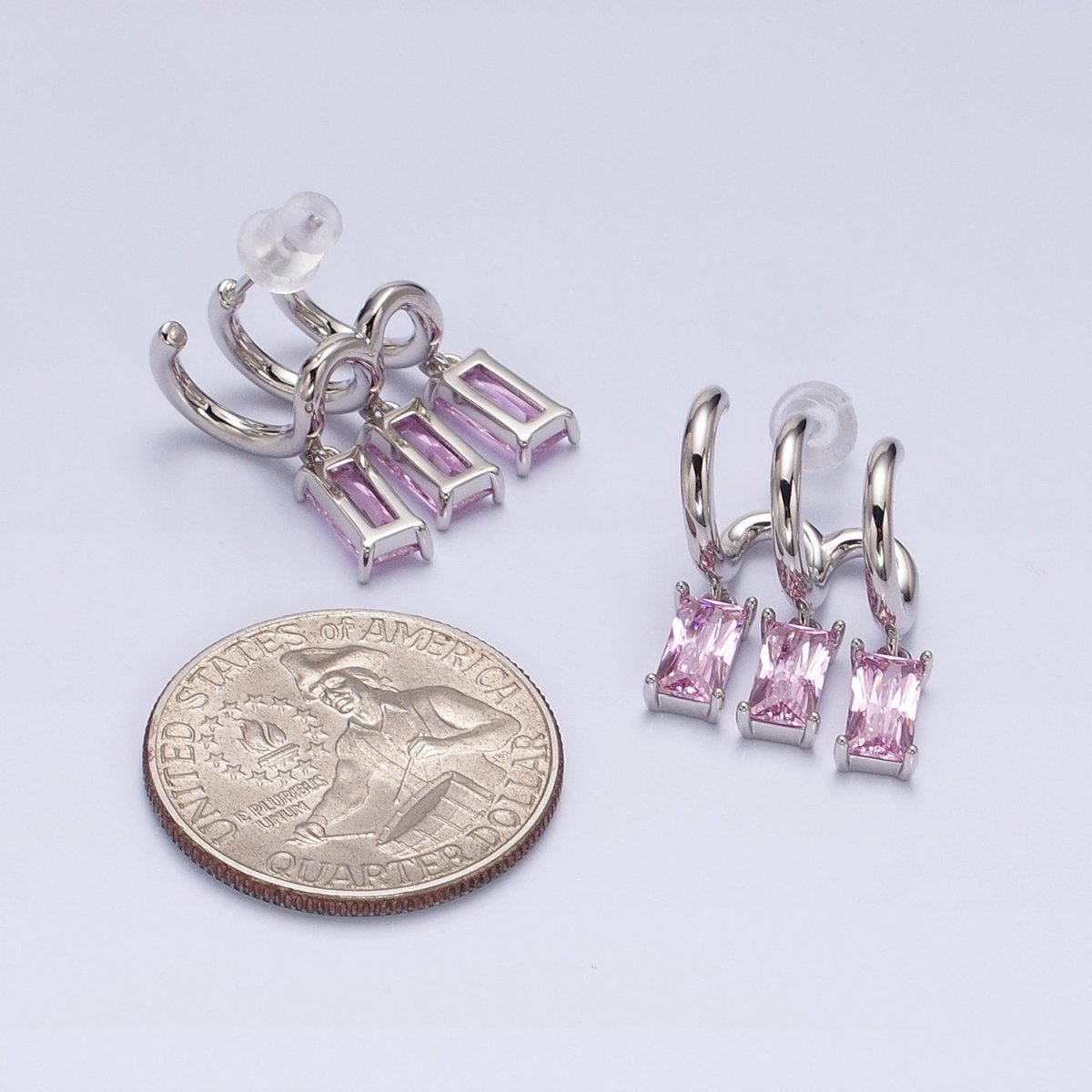 White Gold Filled Clear, Pink Baguette CZ Drop Triple Claw Stud Earrings | AD1399 AD1400