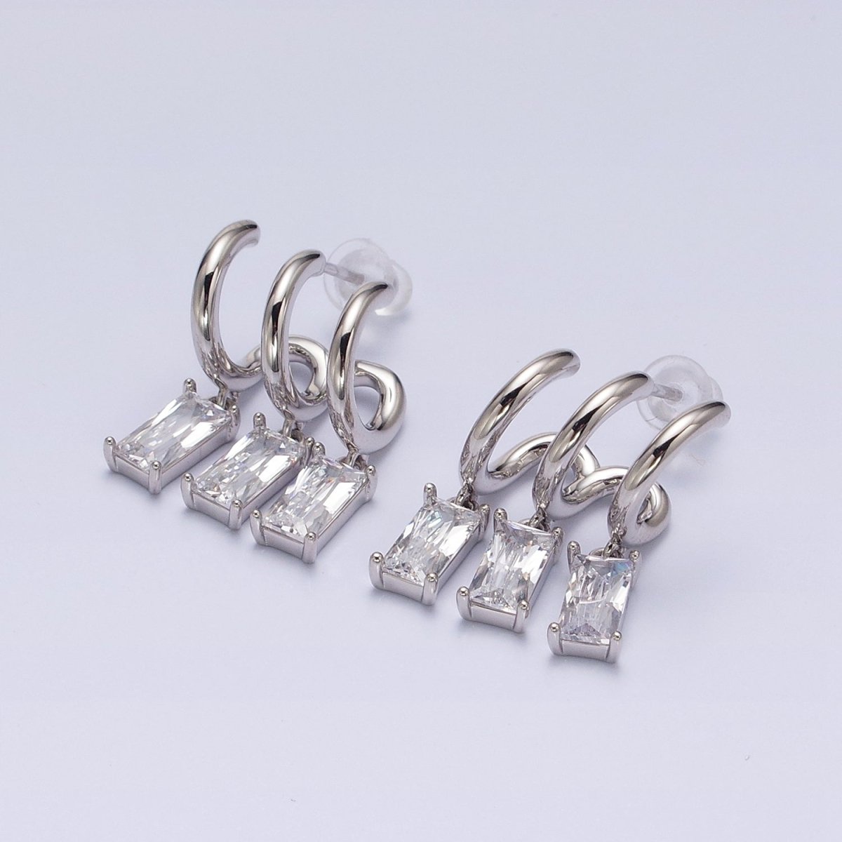 White Gold Filled Clear, Pink Baguette CZ Drop Triple Claw Stud Earrings | AD1399 AD1400