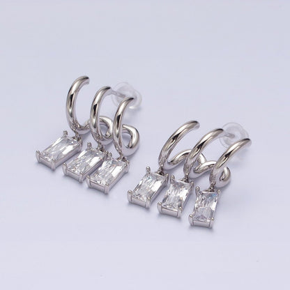 White Gold Filled Clear, Pink Baguette CZ Drop Triple Claw Stud Earrings | AD1399 AD1400