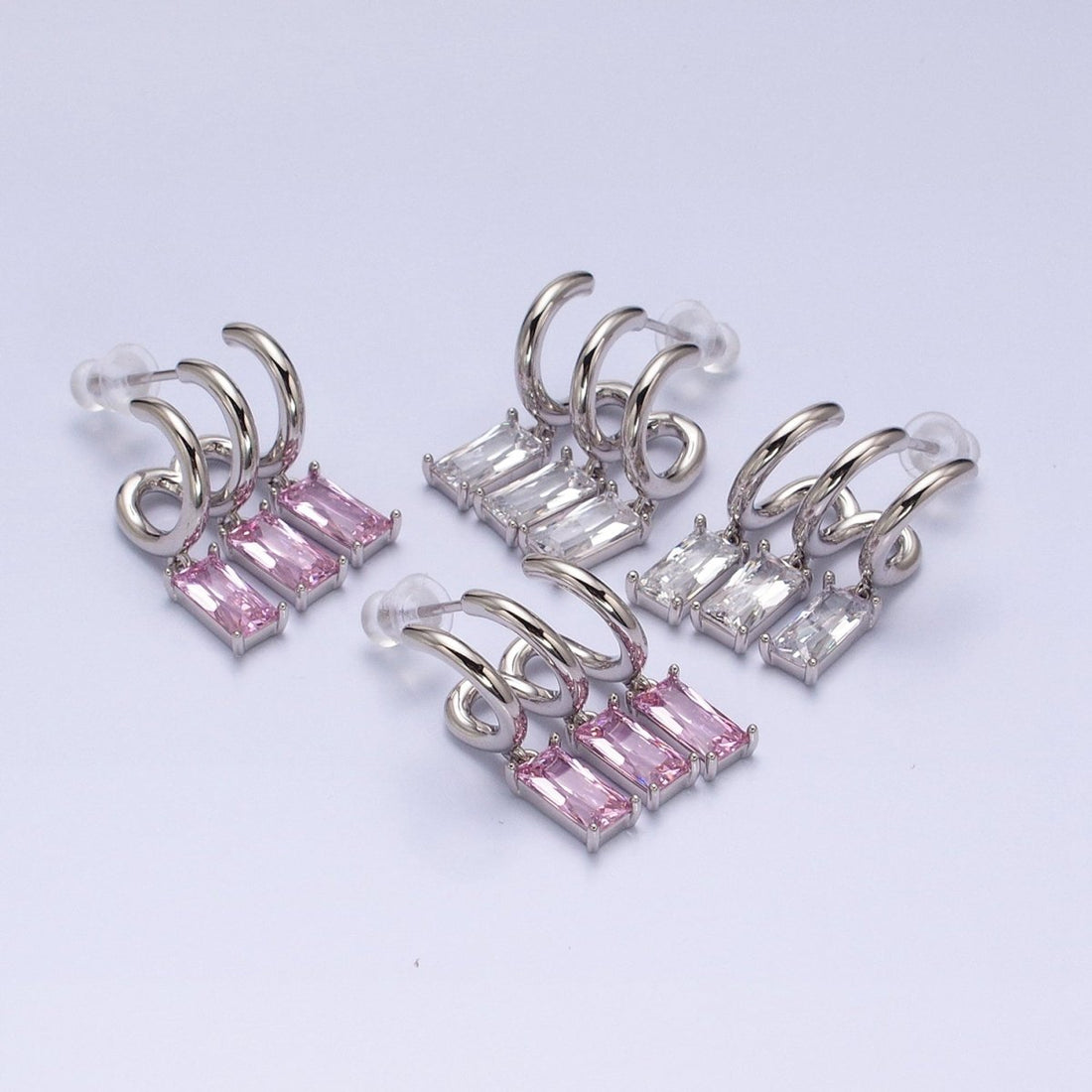 White Gold Filled Clear, Pink Baguette CZ Drop Triple Claw Stud Earrings | AD1399 AD1400