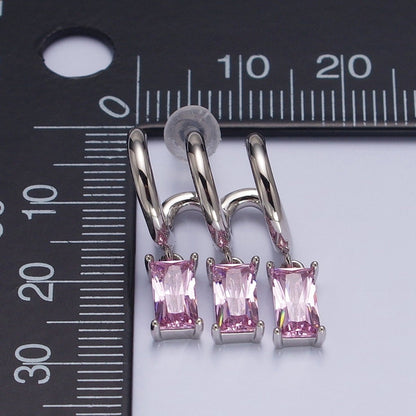 White Gold Filled Clear, Pink Baguette CZ Drop Triple Claw Stud Earrings | AD1399 AD1400