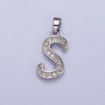 White Gold Filled Dainty Initial Letter Script A-Z Micro Paved CZ Personalized Pendant | A-390-A-402
