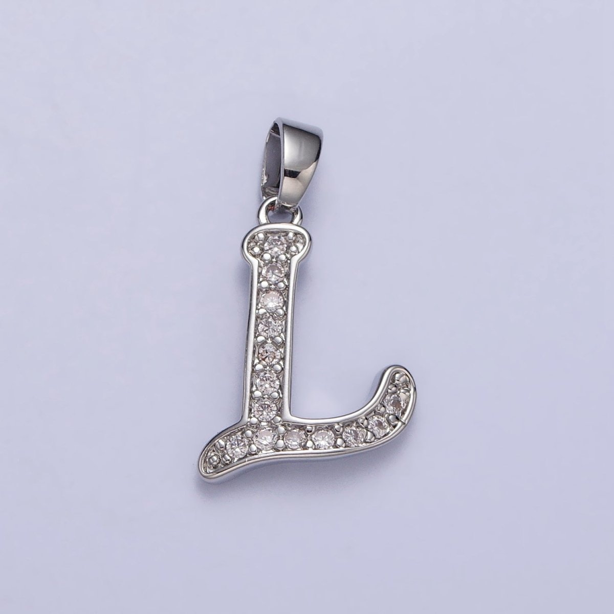 White Gold Filled Dainty Initial Letter Script A-Z Micro Paved CZ Personalized Pendant | A-390-A-402