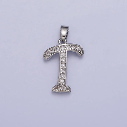 White Gold Filled Dainty Initial Letter Script A-Z Micro Paved CZ Personalized Pendant | A-390-A-402