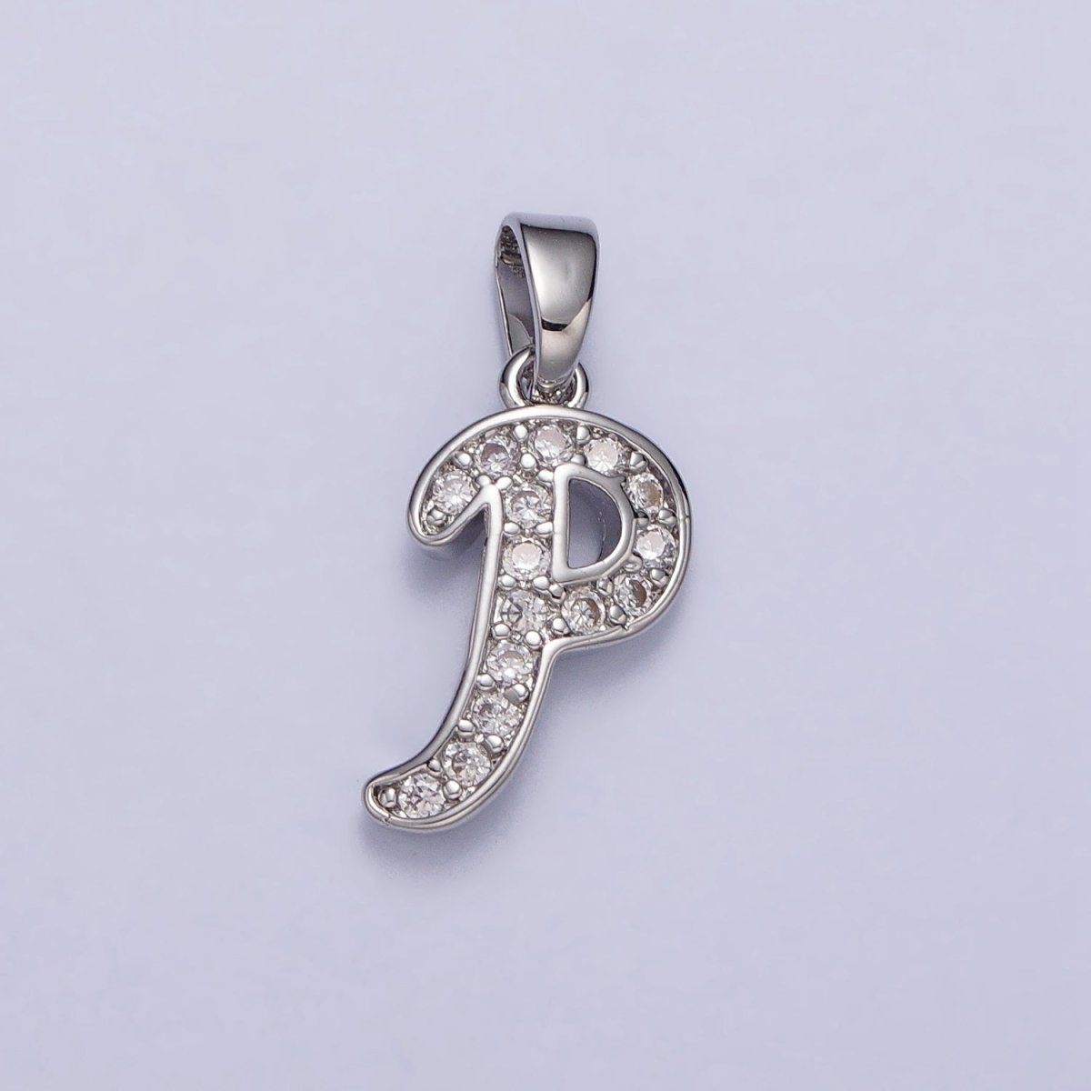 White Gold Filled Dainty Initial Letter Script A-Z Micro Paved CZ Personalized Pendant | A-390-A-402