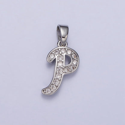 White Gold Filled Dainty Initial Letter Script A-Z Micro Paved CZ Personalized Pendant | A-390-A-402