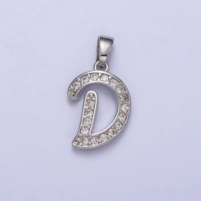 White Gold Filled Dainty Initial Letter Script A-Z Micro Paved CZ Personalized Pendant | A-390-A-402