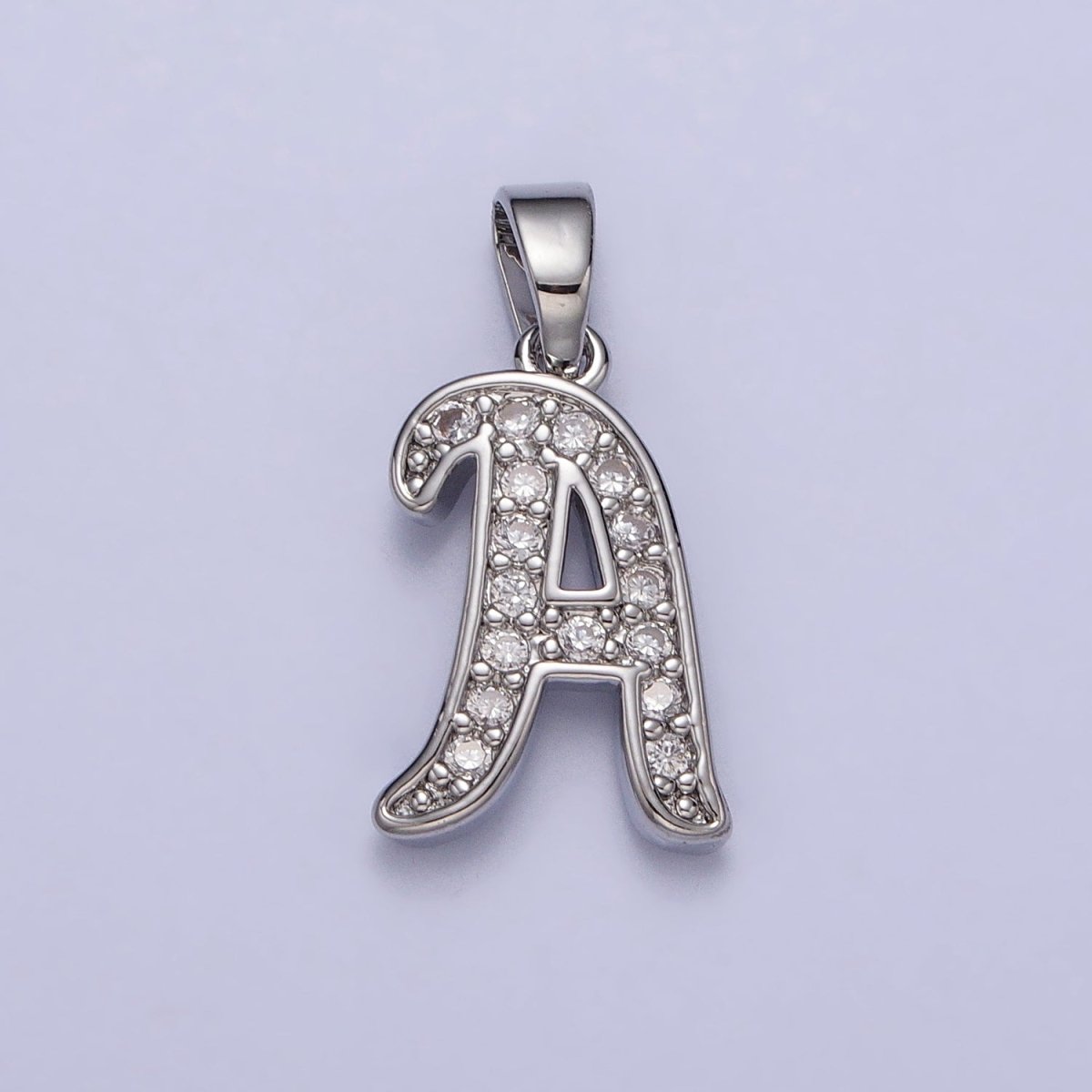 White Gold Filled Dainty Initial Letter Script A-Z Micro Paved CZ Personalized Pendant | A-390-A-402