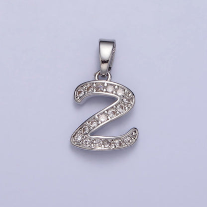 White Gold Filled Dainty Initial Letter Script A-Z Micro Paved CZ Personalized Pendant | A-390-A-402