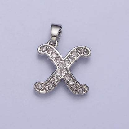 White Gold Filled Dainty Initial Letter Script A-Z Micro Paved CZ Personalized Pendant | A-390-A-402