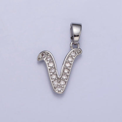 White Gold Filled Dainty Initial Letter Script A-Z Micro Paved CZ Personalized Pendant | A-390-A-402