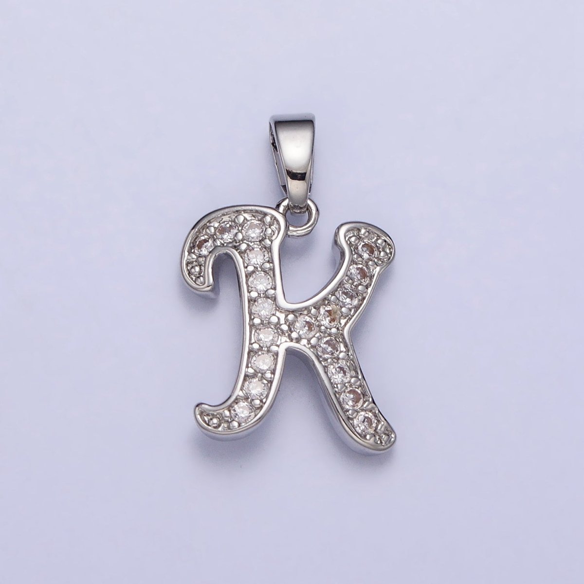White Gold Filled Dainty Initial Letter Script A-Z Micro Paved CZ Personalized Pendant | A-390-A-402