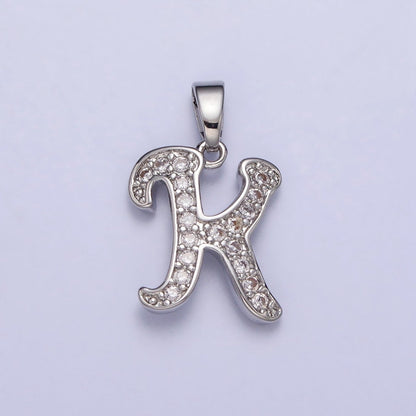White Gold Filled Dainty Initial Letter Script A-Z Micro Paved CZ Personalized Pendant | A-390-A-402