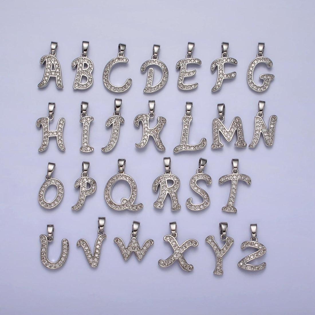 White Gold Filled Dainty Initial Letter Script A-Z Micro Paved CZ Personalized Pendant | A-390-A-402