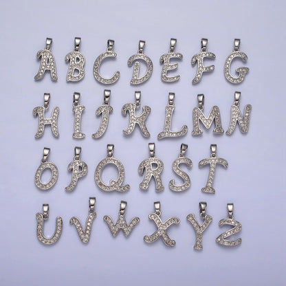 White Gold Filled Dainty Initial Letter Script A-Z Micro Paved CZ Personalized Pendant | A-390-A-402