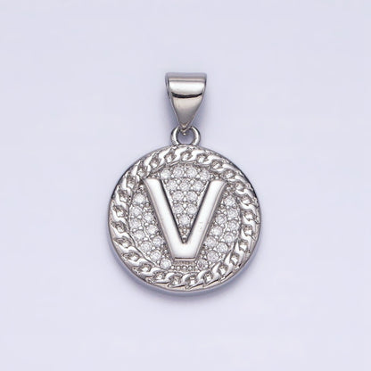 White Gold Filled Initial Letter A-Z Micro Paved Curb Link Round Coin Pendant | A-455-A-467